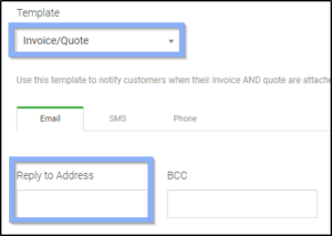 Snippet showing where to find the "reply to address" field within an invoice template