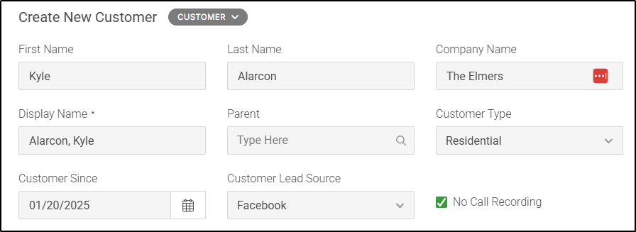 Snippet showing the Create New Customer screen in FieldEdge, with customer information such as name, company name, display name, and more.