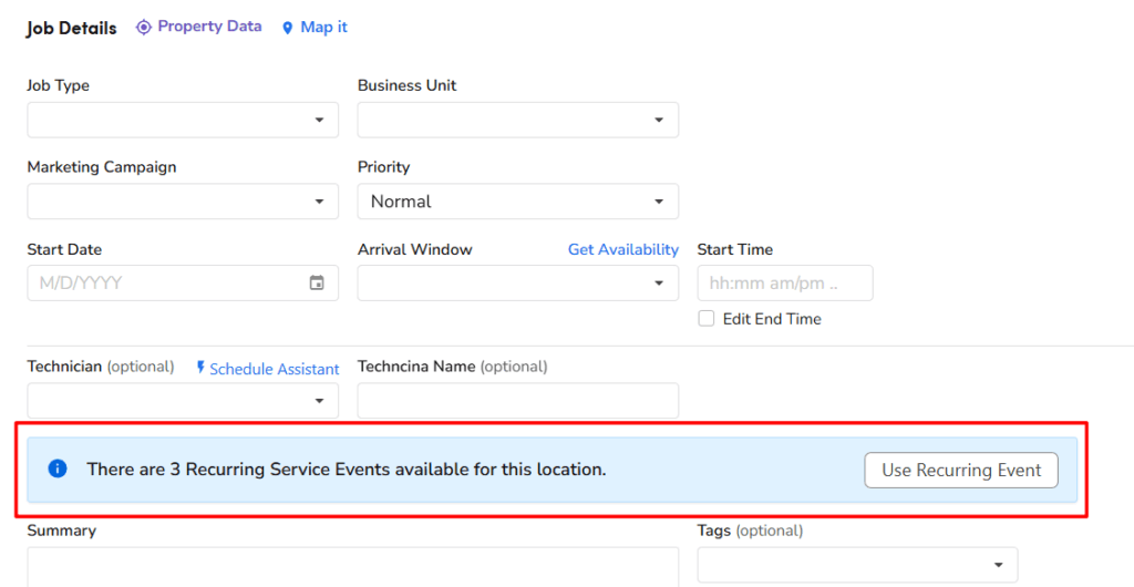 ServiceTitan snippet showing the call booking screen, indicating the location has available recurring service events.