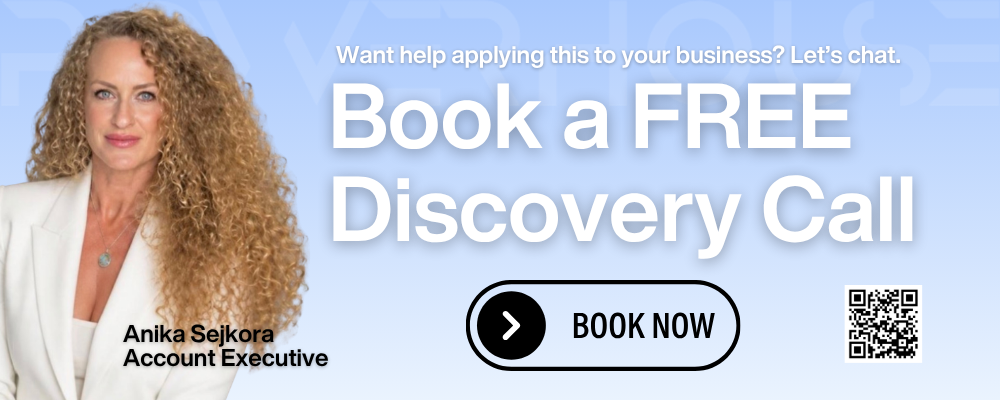 Photo of a woman with big, curly blonde hair in a white pantsuit with a callout: Want help applying this to your business? Let's chat. Book a free discovery call. 